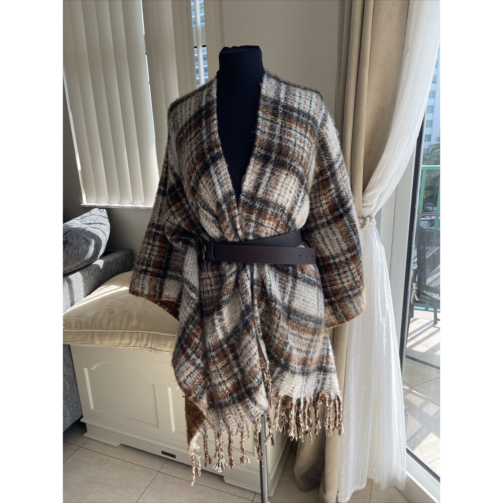 Marc New York Women's Plaid Brown Cape Open Poncho Fringes One Size NWOT